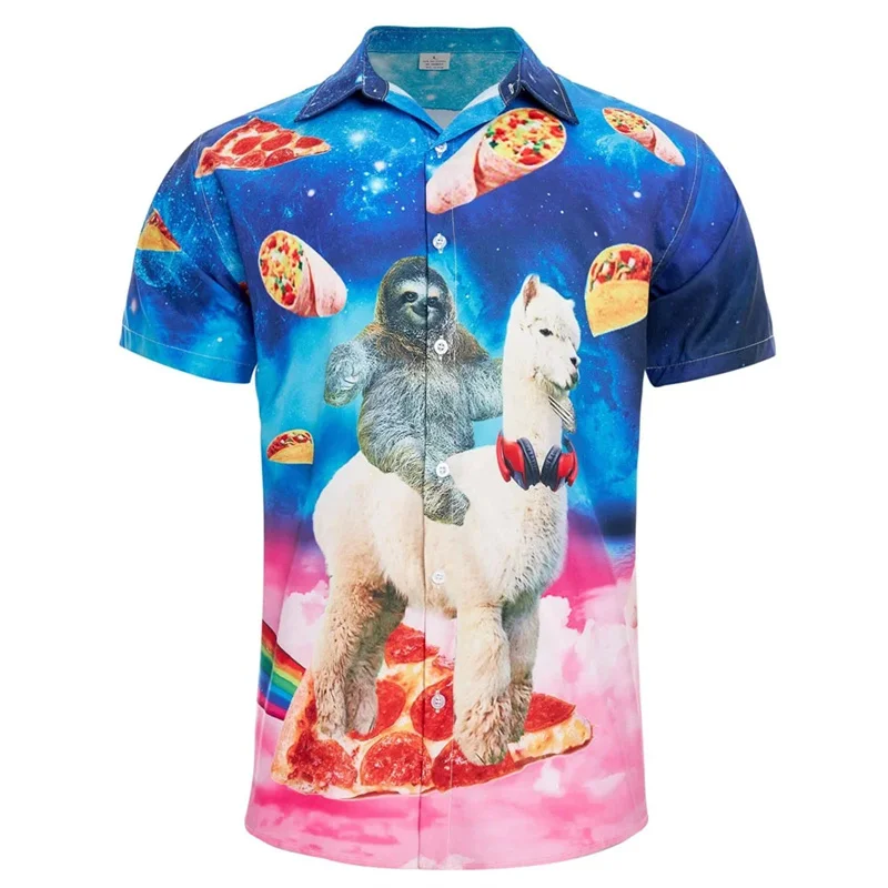 Camisa havaiana com estampa 3D masculina, gráfica Cat Alpaca, blusa de comida, estampa animal engraçada, casual verão, manga curta, blusa de lapela, camisas de praia