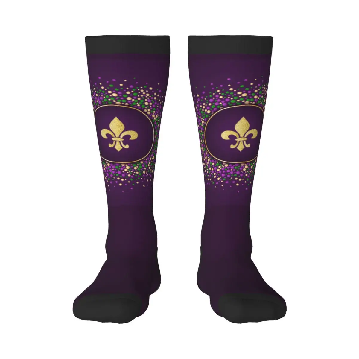 Knee Long Stocking Mardi Gras Dotted Frame With Golden Fleur De Lis Adult Socks Stockings