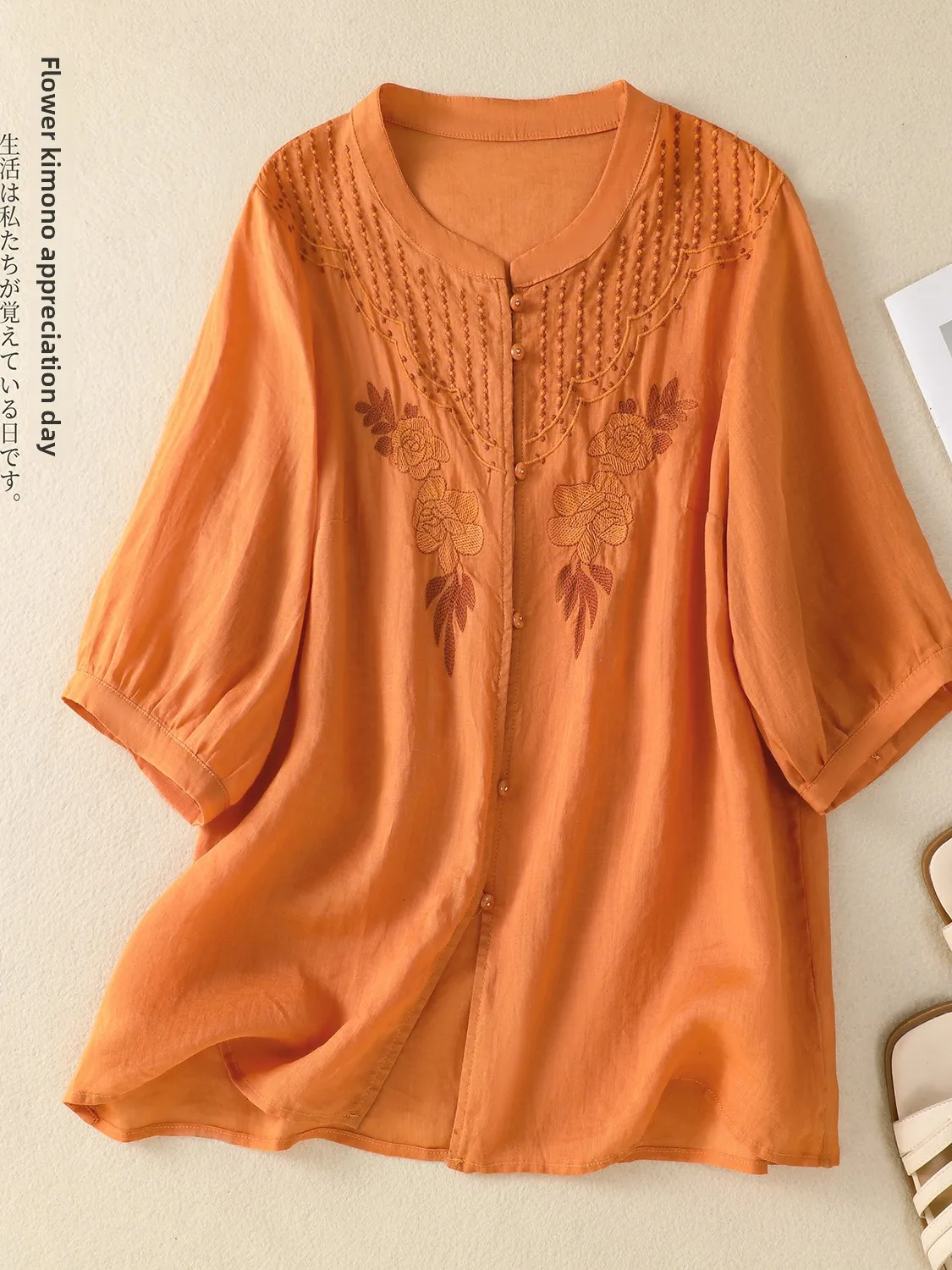 カジュアルな刺繍入り薄手のゆったりとした大きいサイズの女性用シングルボタンスタンドカラーオルトスベルーズ万能スリムトップス夏