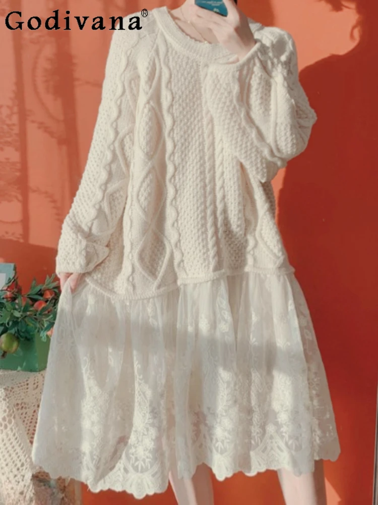 

Spring Autumn Japanese Sweet Lace Splicing Sweater Dresses Cute Girls Fashion Versatile Loose Crew Neck Apricot Knitted Dress