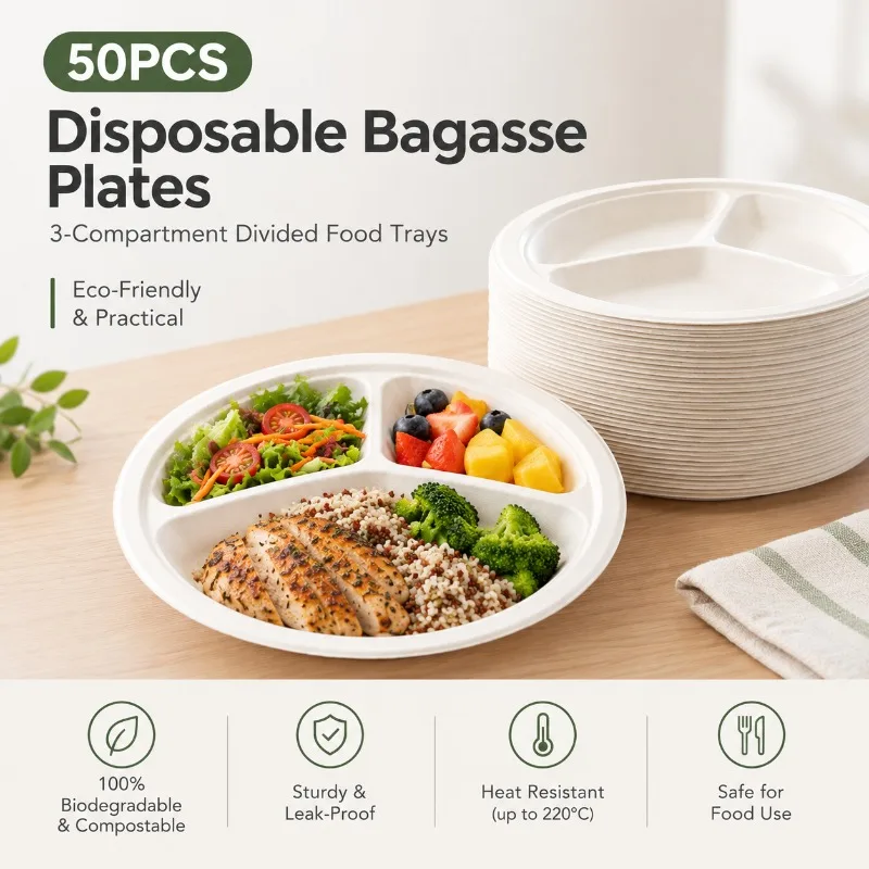 50PCS Disposable Sugarcane Bagasse Plates Divided 3 Section Food Trays for Party Camping Catering Daily Meals Kitchen Supply Set