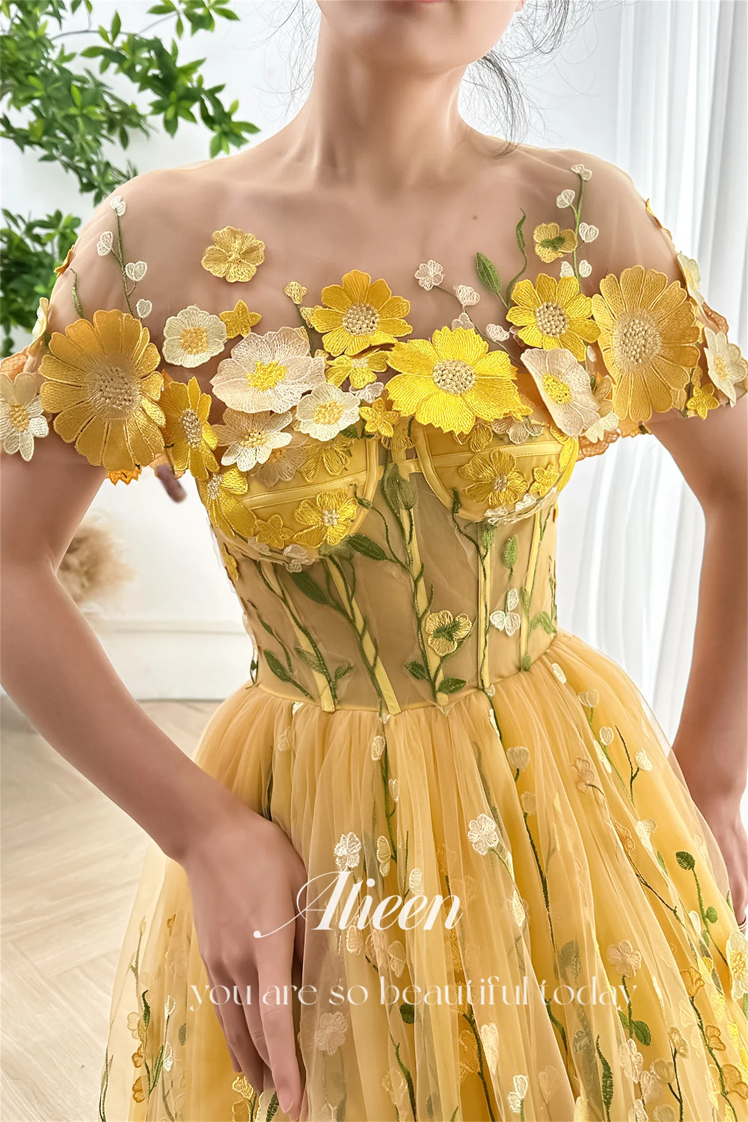 A-line Applique Embroidery Yellow Prom Gown Formal Dress Women Elegant Party Vintage Dresses Woman Ball customized Gowns Evening