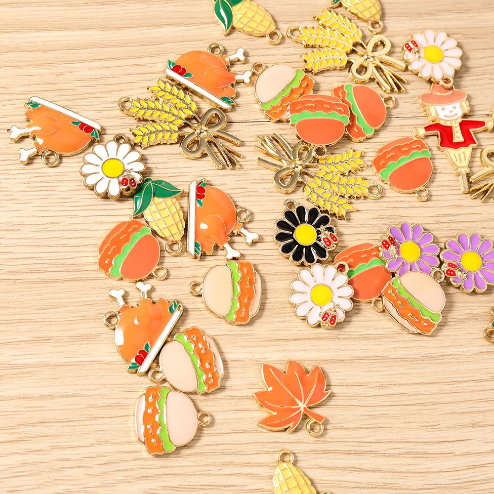 Tusember 10 Stück Emaille-Anhänger in Form von Ahorn, Mais, Truthahn, Kürbis und Blumen für DIY Armband- und Halsketten-Schmuckherstellung – Detail 3