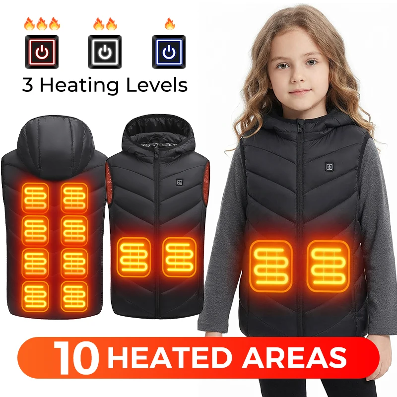 Kinder-Heizweste mit 10 Heizzonen, Kapuze, elektrisch beheizte Weste, warme Winterjacke für 6-15 Jahre, Outdoor-Camping- und Wanderjacke