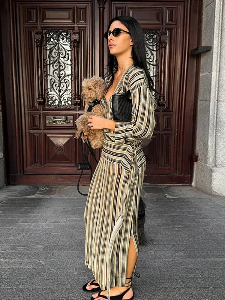 loose fitting ladies dresses Stripe Long Dress With Belt Fashion Long Sleeve V-neck Full Sleeve Casual Side Split Female 2026 Summer Beach PatternLabel: Acid Wash