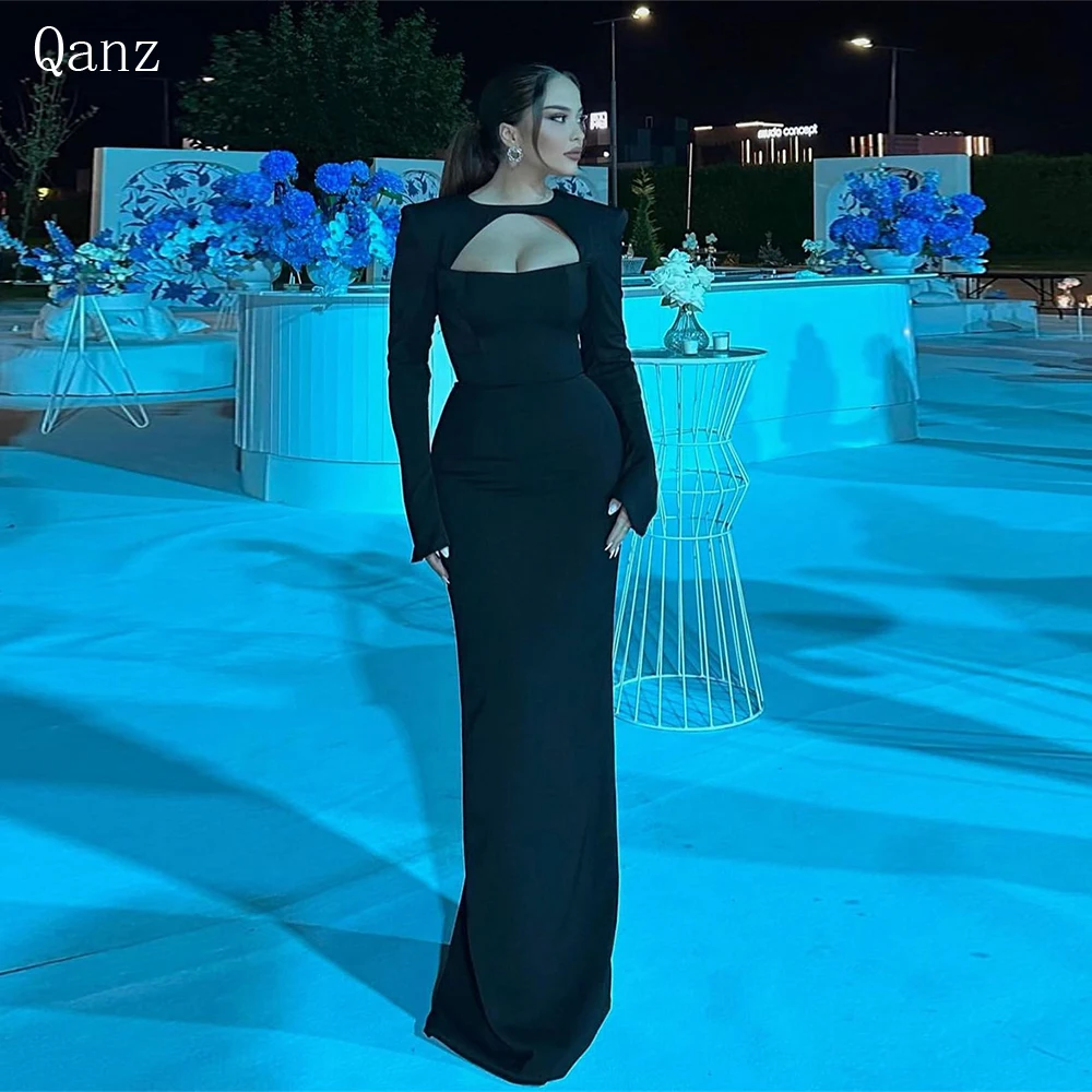 

Qanz Arabic Saudi Black Evening Dresses Mermaid Long Sleeves O Neck Vintage Prom Dress Vestidos De Noche Elegantes Para Mujer