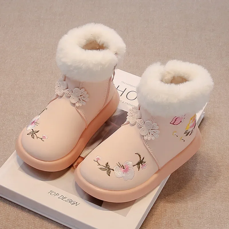 Children Snow Boots for Winter Sweet Girls Princess Shoes with Fur Non-Slip 2024 New Fashion Kids Warm Boots Embroidered Elegant