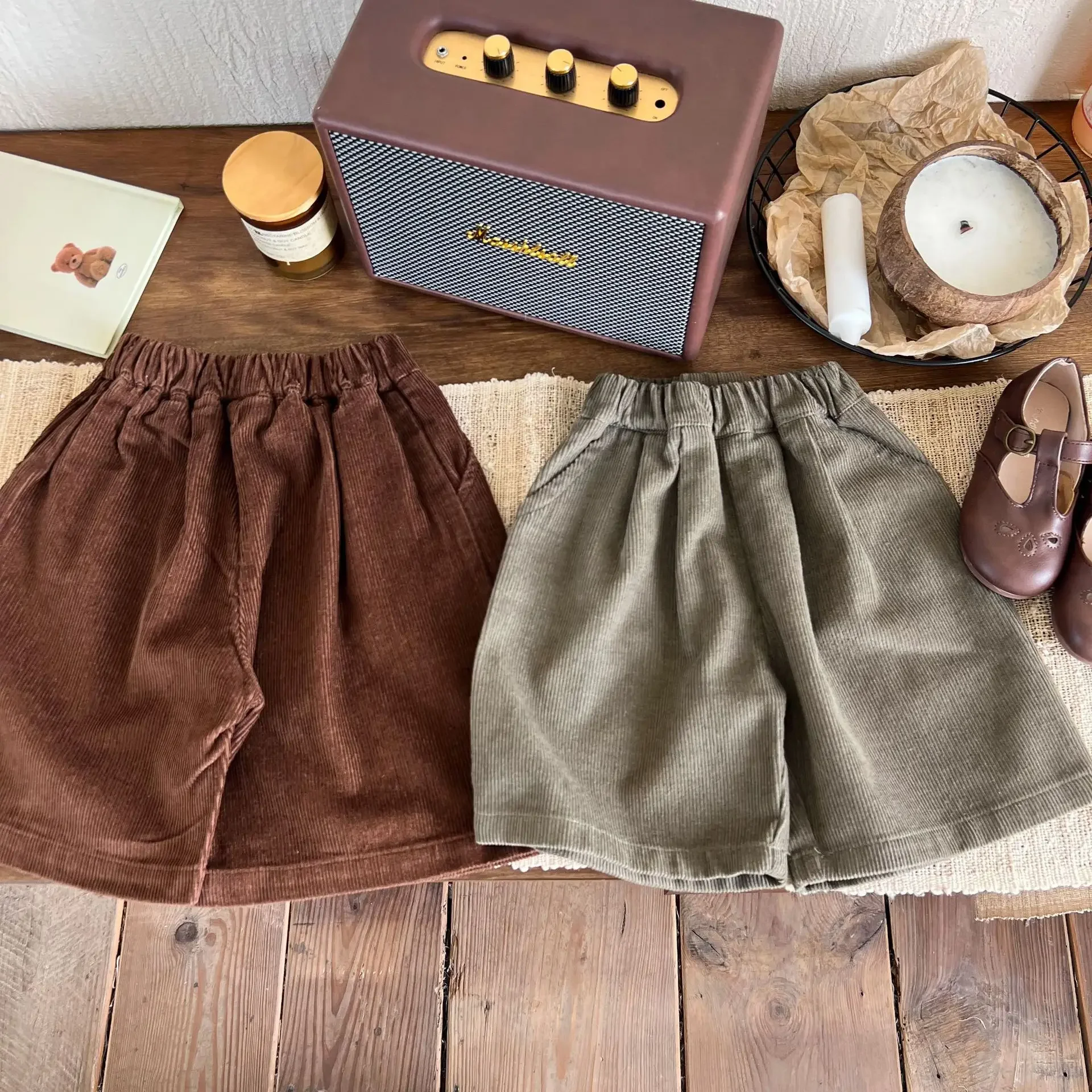 2024 Autumn New Children Corduroy Shorts Boys Girls Loose Wide Leg Pants Baby Casual Pants Solid Infant Shorts Kids Clothes