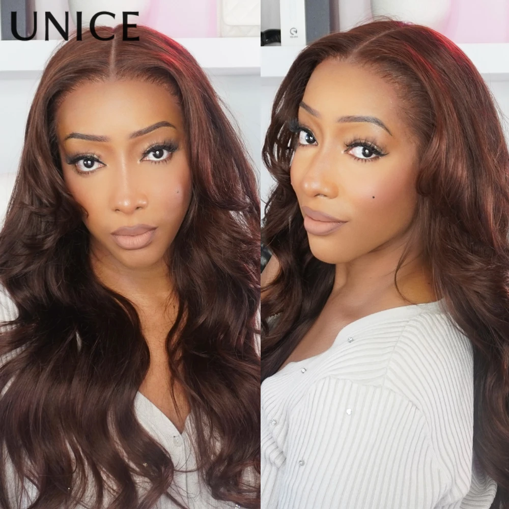 UNICE شعر الشوكولاته البني رقيق فضفاض موجة الستار الانفجارات شعر مستعار 13x4 قبل قطع قبل ابيض غلويليس شعر مستعار شعر الإنسان 150% الكثافة