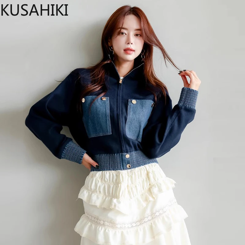 KUSAHIKI Korea Chic Autumn Retro Zipper Style Contrasting Splicing Denim Pocket Versatile Slimming Long Sleeved Jacket for Women