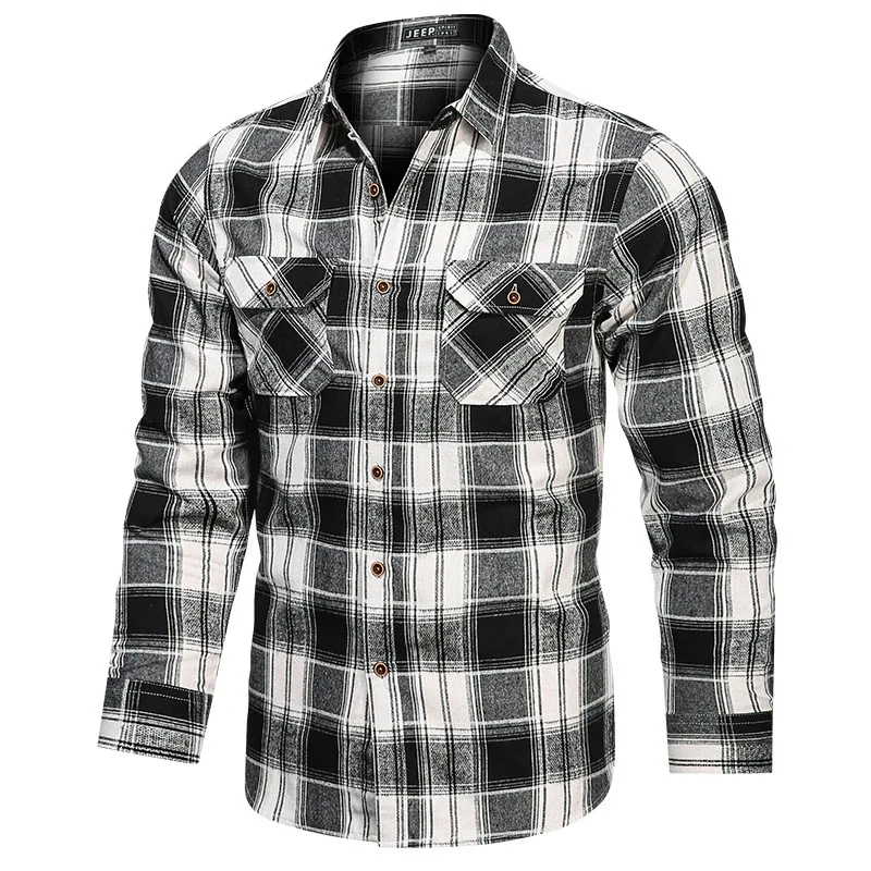 New Spring Autumn Men Plaid Casual Shirts Multiple pockets Long Sleeved Shirts High Quality Male Cotton Outwear Tooling Shirts 5