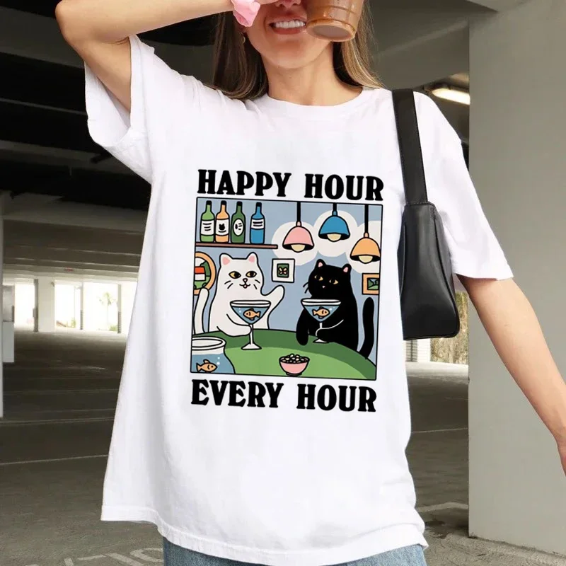 

Happy Hour Every Hour Cat Meme Printed T-Shirt O-Neck Basic Cartoon Top Trendy Style 90s Short Sleeve Printed Kawaii T-Shirt