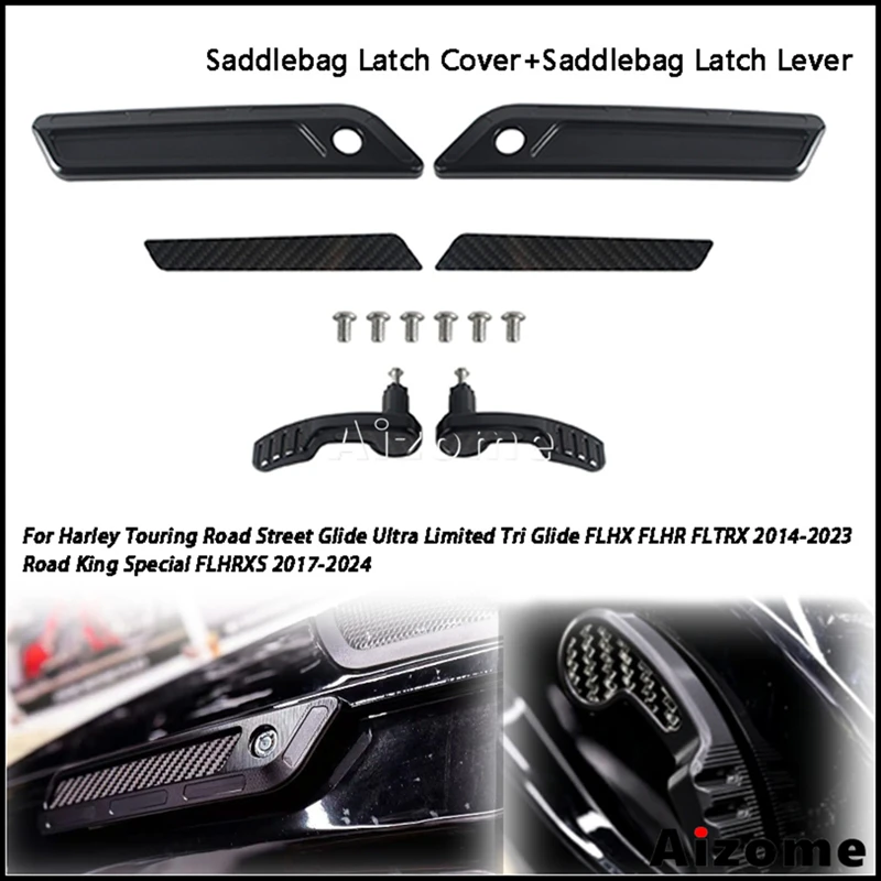 

Motorcycle Carbon Fiber Saddlebag Latch Cover & Lever With Reflector For Harley Road King Special 17-24 FLHX FLHR FLTRX 14-2023
