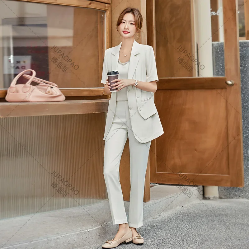 

Elegant Women White Blazer Pantsuit New Formal Slim Office Workwear Jackets Straight Pants 2 Pieces Set Female Fashion Outfits