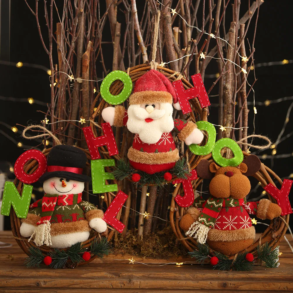 

2023 Christmas Garland Pendants Santa Claus Snowman Wreath Rattan Wall Hanging Home Decoration Xmas Festival Party Room Decor