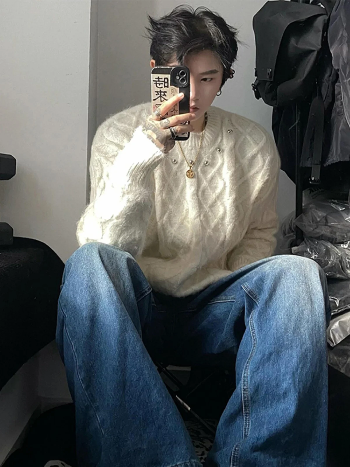 

Мужской зимний свитер из белого меха норки с бисерной отделкой, вязаный, в стиле Lazy Camere, Cleanfit American Sle Jaet