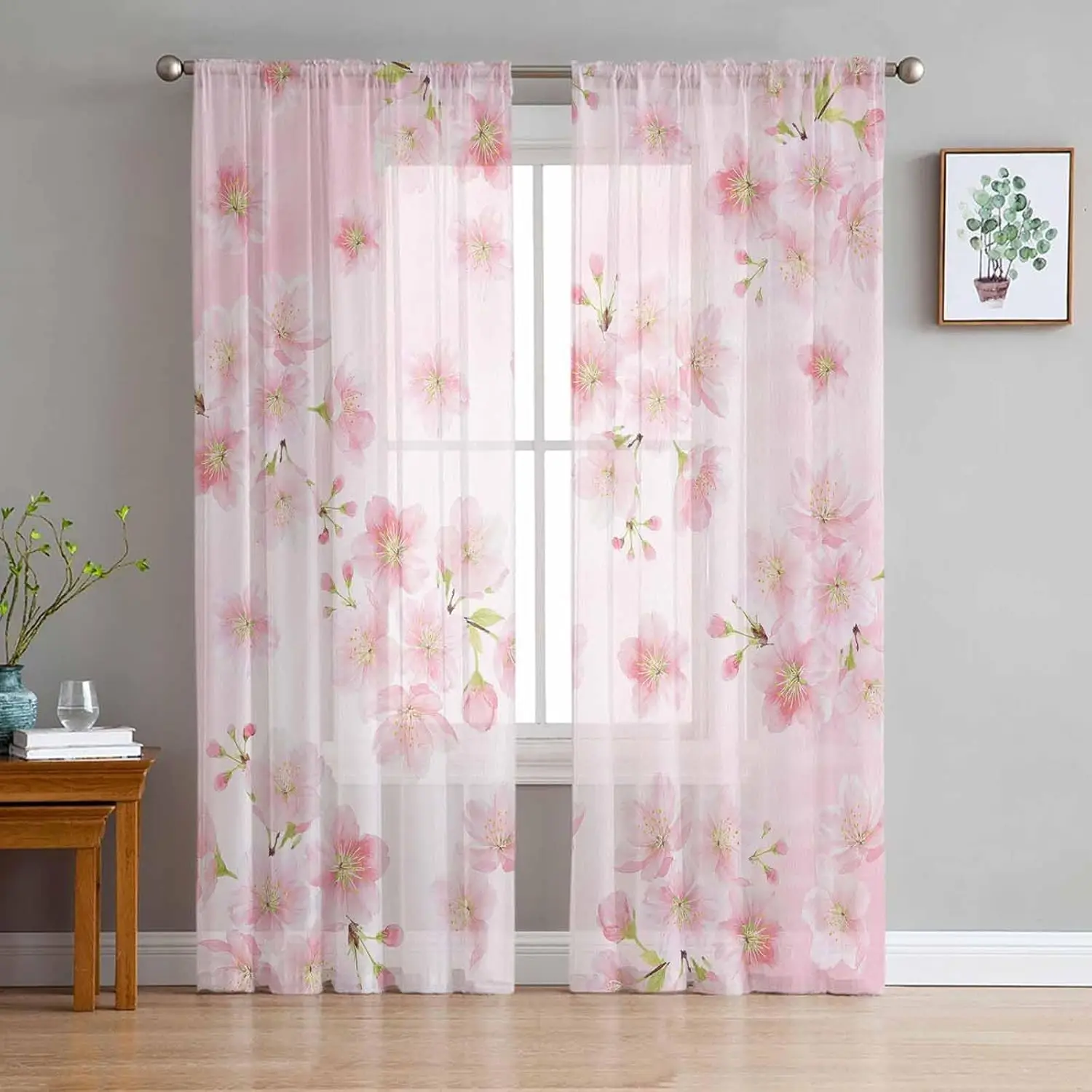 Rosa Kirschblüten Transparente Vorhänge mit Blumenmuster, Leichte Fensterdekoration für Wohnzimmer und Schlafzimmer