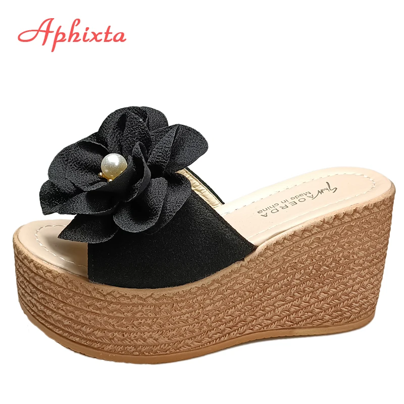 Aphixta 9cm obcasy slajdy perły kryształy aplikacje buty kobieta klapki klapki Wedge Heel platforma kobieta plaża Zapatos Mujer