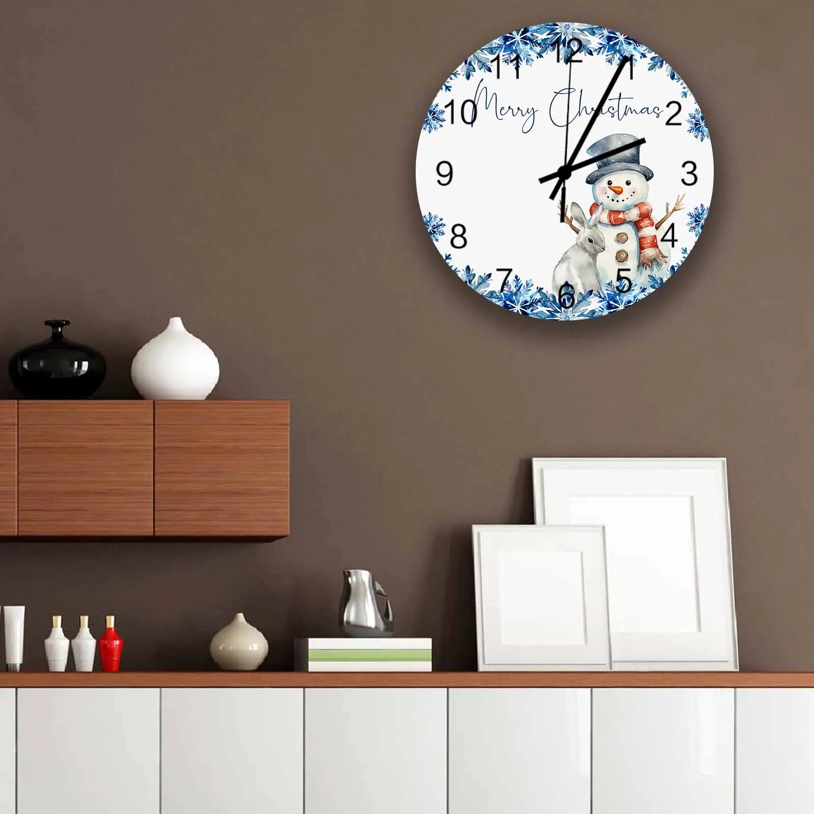 Christmas Snowman Rabbit Blue Snowflake Wall Clock Large Modern Kitchen Dinning Round Wall Clocks Bedroom Silent Hanging Watc