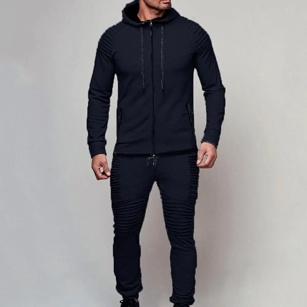 2 Pcs/Set Men Tracksuit Solid Color Hooded Pleated Simple Spring Suit for Daily Wear