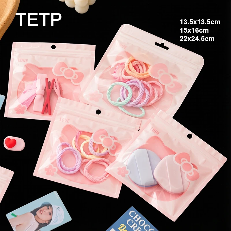 TETP 100Pcs Pink Cartoon Cat Self-Adhesive Gift Bags For Cosmetic Jewelry Data Cable Toys Headdress Packaging Storage Pouch