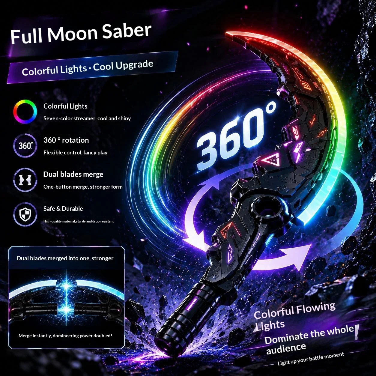Full Moon Curved Blade Rgb Light Up Sword 360 Rotatable Dual Blade 2 In 1 Colorful Glow With Sound Effect Cosplay Prop For Adult