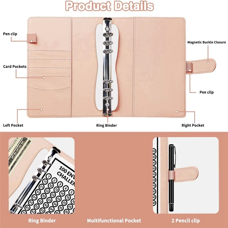 EDT-100 Envelope Challenge Binder, A5 Money Saving Budget Binder - Save 5,050 With The Money Saving Challenge Pink Easy Install