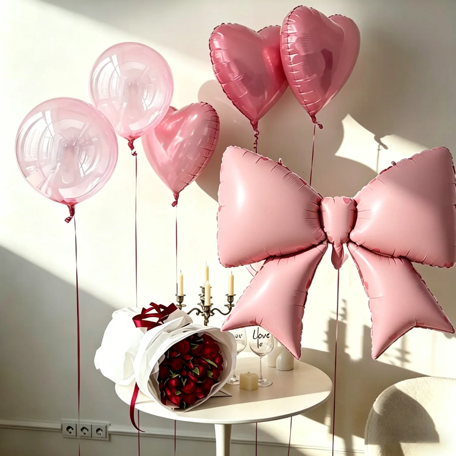 6 Stück rosa Herz-Schleifen-Folienballons, runde, transparente Bobo-Ballons, Geburtstags- und Hochzeitsdekoration, Helium-aufblasbare Ballons