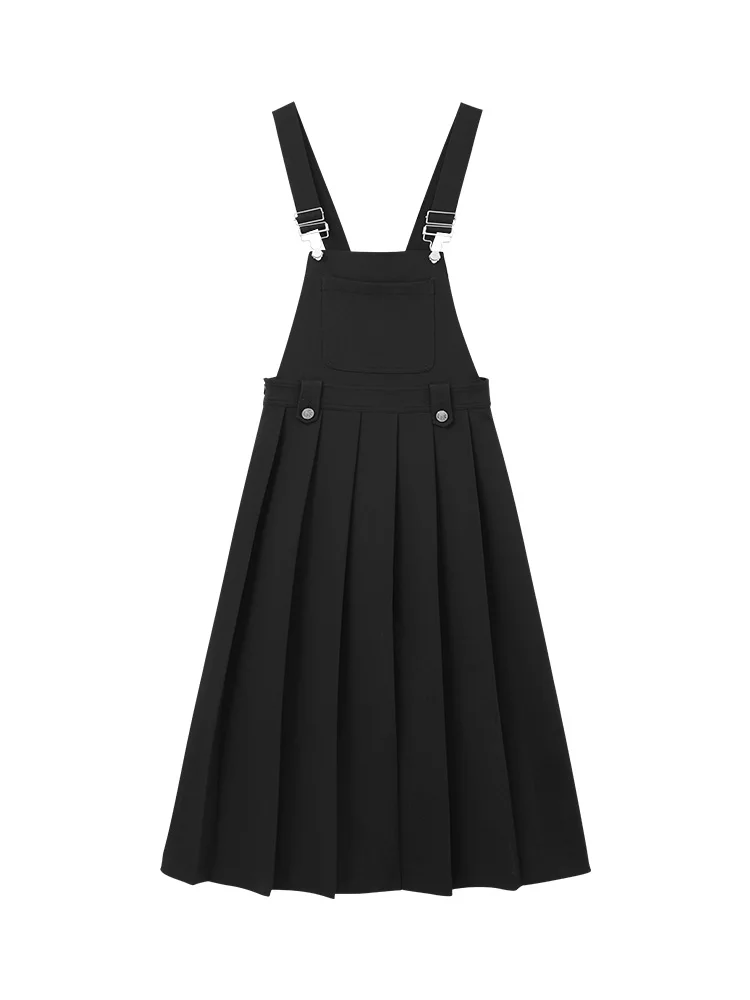 Elegante Plissee Hosenträger Kleid Frauen Herbst Hohe Taille Schlank Pinafore Midi Kleid Casual Vintage Ärmelloses A-line Kleid Outfit