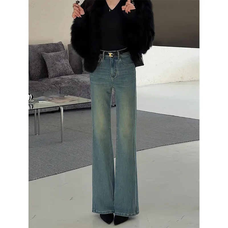 

Светло-голубые расклешенные джинсы прямого кроя для женщин больших размеров с высокой талией, утягивающие, весна 2026, новые, комфортные, удобные женские джинсы