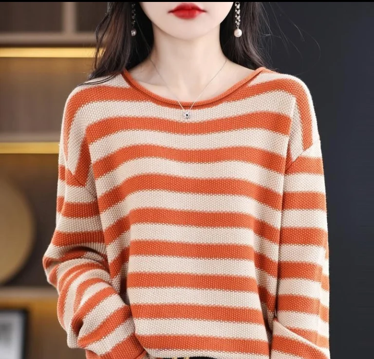 New Spring and Autumn Fashion Lazy Style Retro Stripe Contrast Round Neck Loose Versatile Slim Long Sleeve Women's Sweater