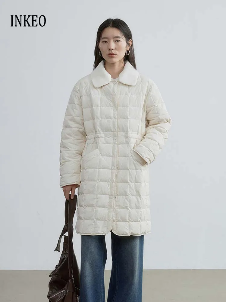 

Casual Knit turn down collar down jacket for women 2026 Winter Streetwear Adjustable waist Mid-length down coat INKEO DJ624