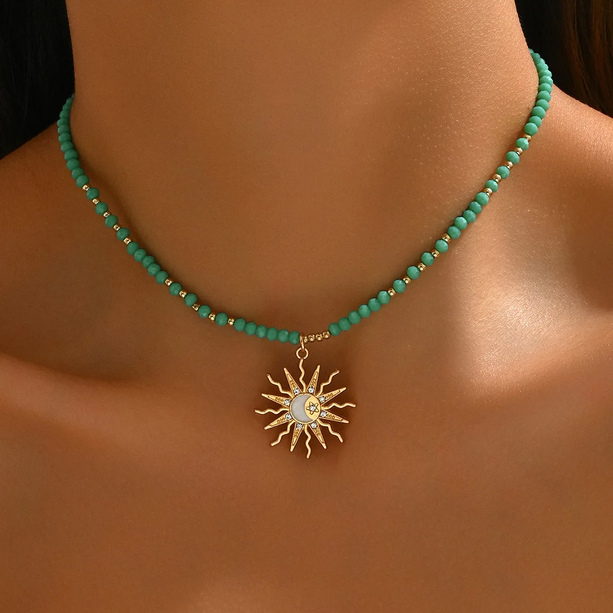 Vintage Metall Sun Star Kristall weiße Perlen Anhänger Halsketten für Frauen Mond Choker Halsketten Boho handgemachte Schmuck Geschenke – Detail 10