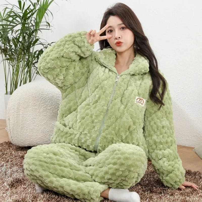 Winter Female Pajamas Women Thickened Plush Loungewear Coral Velvet Warm Three-layer Sleepwear Cotton Fashion Flannel Homewear