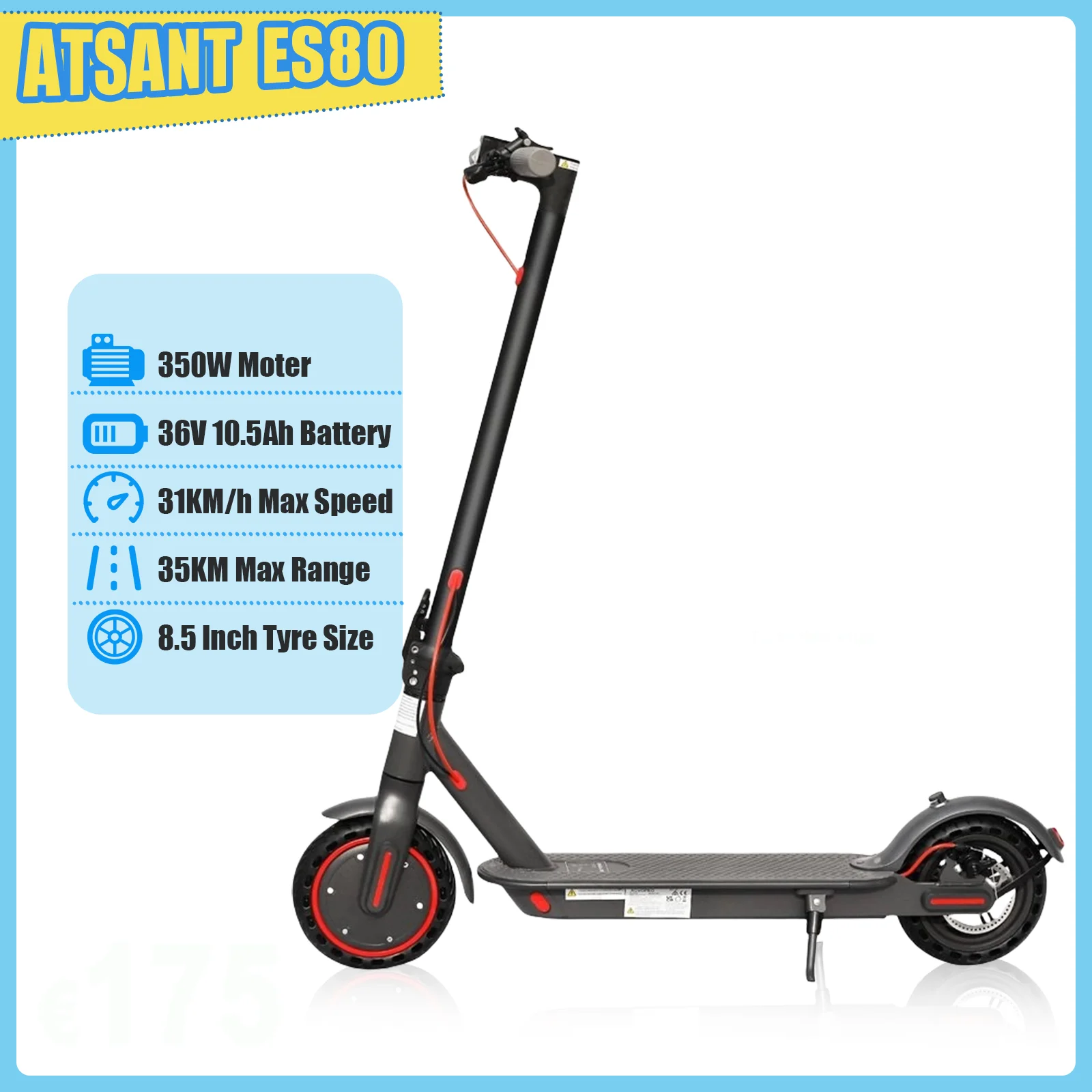 ATSANT TUYAS/TUYA/ES80 Elektrische Scooter voor Volwassenen, Krachtige Motor 36V 10.5Ah, 35KM Lange Afstand, Opvouwbaar, met App