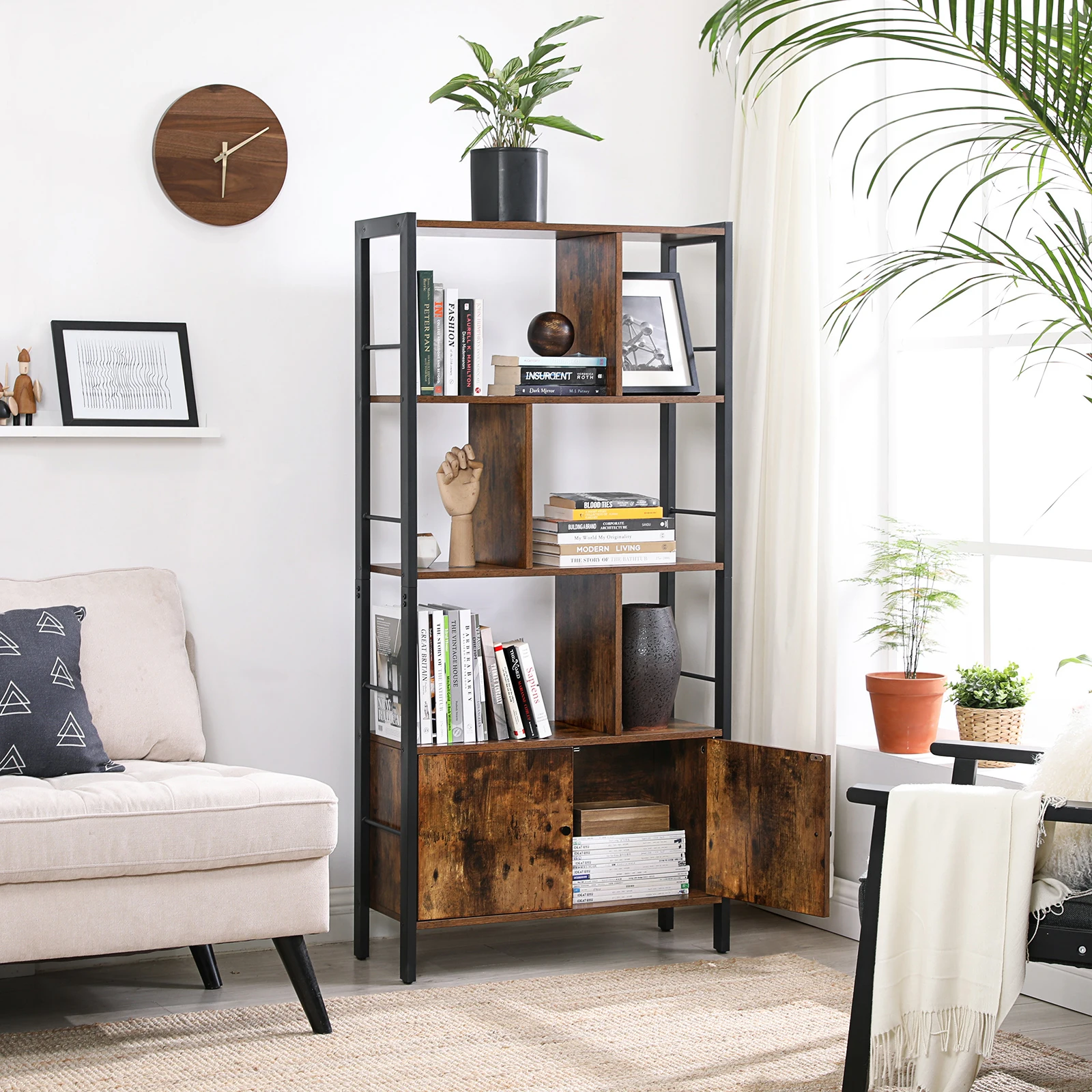 Library Vasagle Bookshelf, Storage Shelf, Large Bookcase with Doors, 4