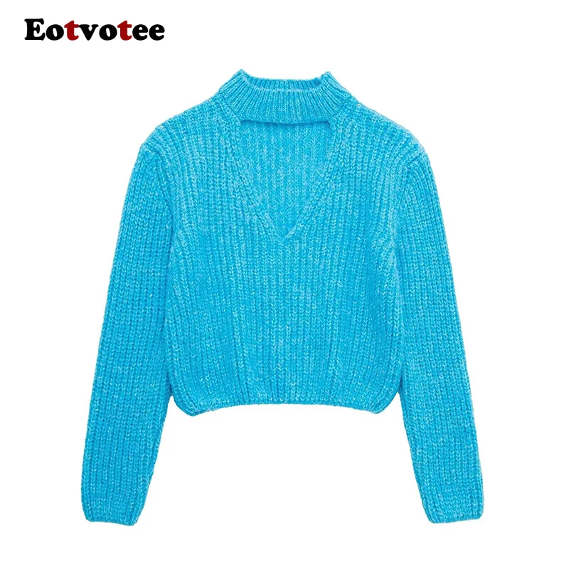 EOTVOTEE Crop Sweater Women Knit Pullovers Hollow Out Long Sleeve Tops Fashion Loose Autumn Winter Casual Elegant Female Sweater