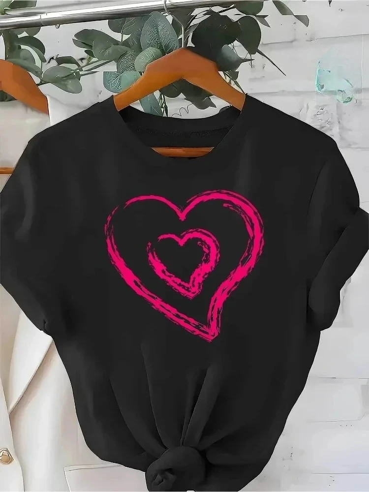 女性カジュアル半袖 Tシャツフィットクルーネックピンクハートプリント Tシャツ日常着遊び心のあるデザインデイリートップ衣類 1