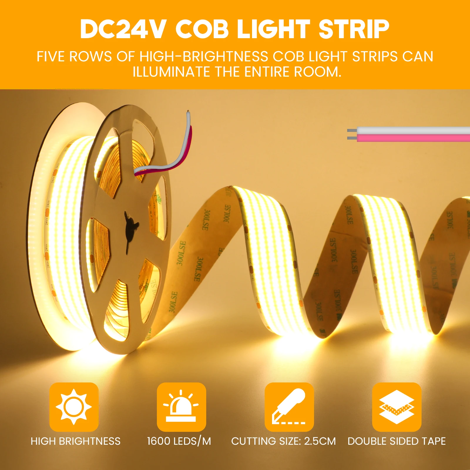 Imagem -04 - High Bright Cob Led Strip Light Fita Flexível para Quarto Iluminação Linear Alta Densidade Branco Quente Natural 24v 1600leds