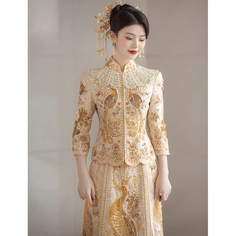 

Chinese Style Peacock Embroidery Party Gown Bride Sparkly Sequins Beading Wedding Dress Toast Clothes