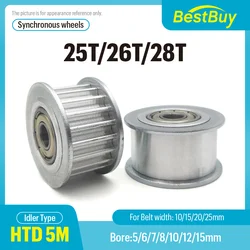 HTD 5M 25T/26T/28Teeth tensioner adjustment guide wheel with bearing Timing idler Belt width 10/15/20/25mm Bore 5-15mm