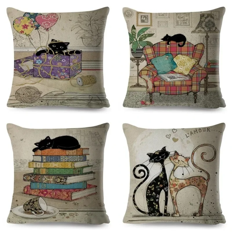 Cute Elegant Black Cat Art Throw Cushion Cover  Decor Cartoon Animal Pillow Case for Sofa Home Linen Pillowcase