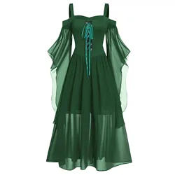 Womne Plus Size Halloween Dress Cold Shoulder Butterflies Sleeve Lace Up Gothic Style Costumes Retro Mesh Splicing Costume