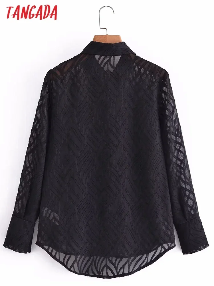 Tangada Women Black Jaquard Mesh Blouse Long Sleeve Chic Female Lady Tops 3A59