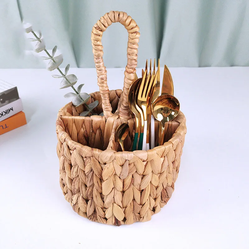 Wicker Flatware Organizer, Hand Woven Water Hyacinth Cutlery Holder for Countertop with Handle