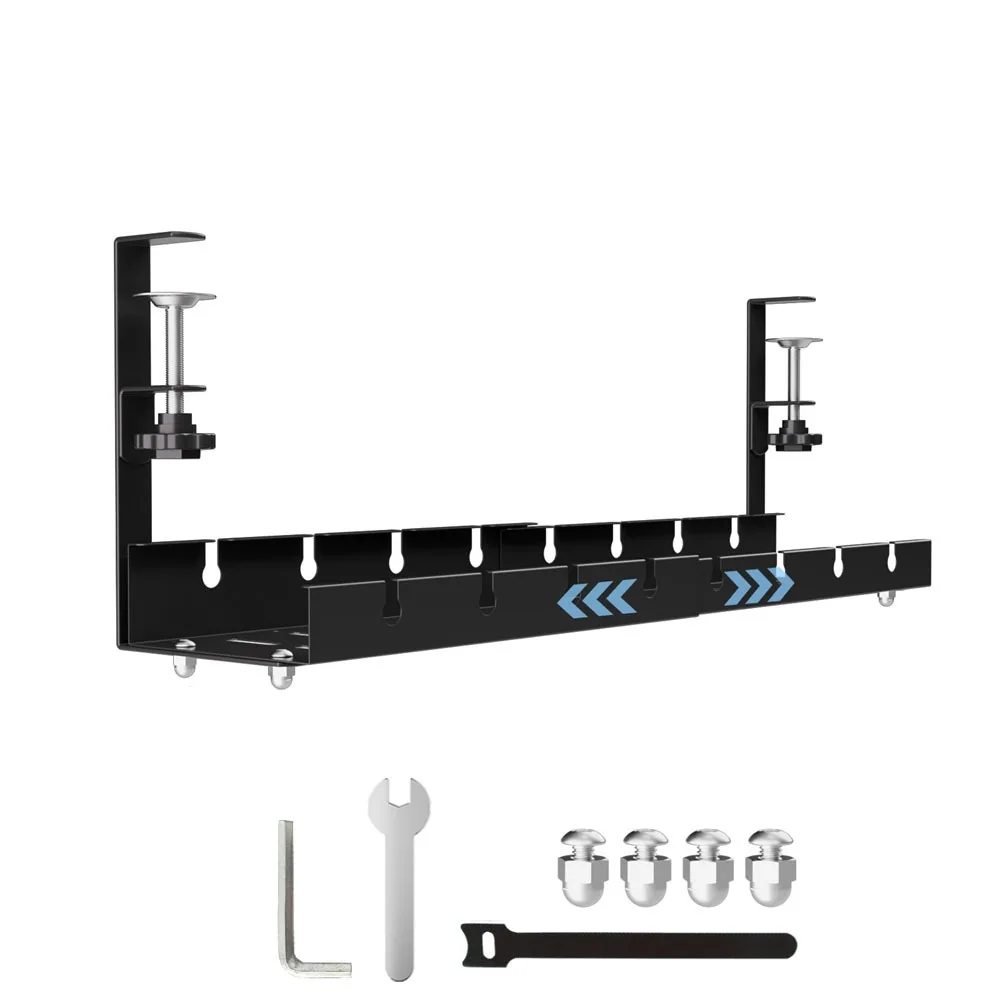Nenhuma perfuração sob a bandeja de gerenciamento de cabos de mesa, economia de espaço, resistente sob a prateleira de cabos de mesa, bandeja de cabos de metal resistente ajustável