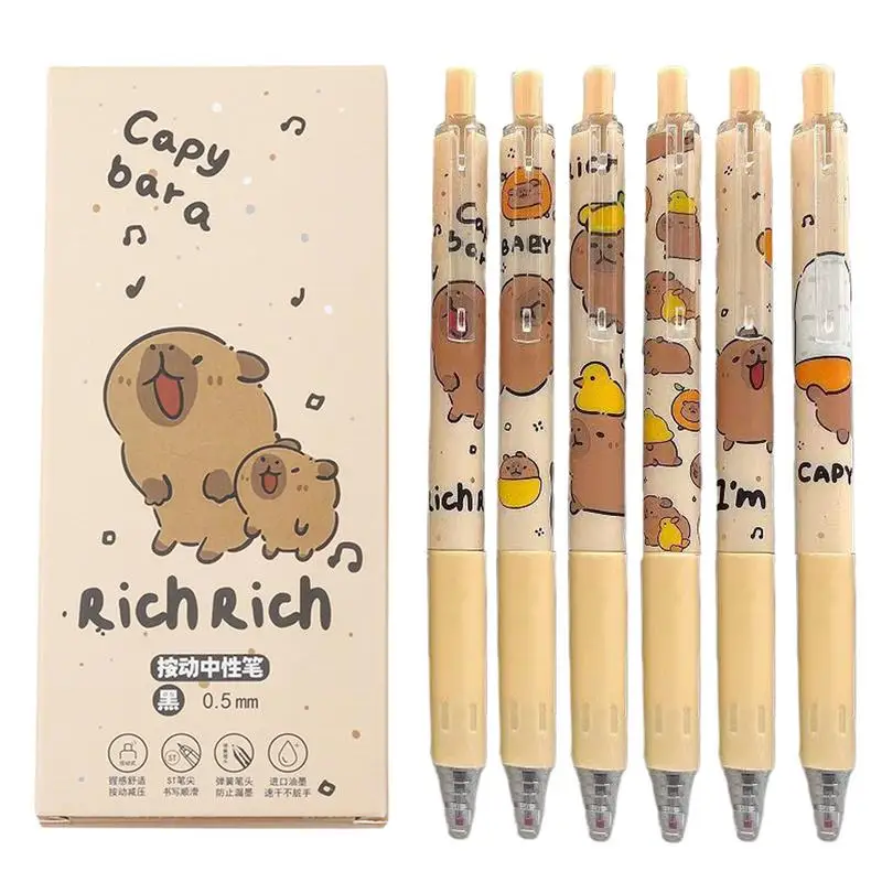 Capybara Pen Set 0.5mm Fine Point Retractable Writing Pen 6X Black Ink Aesthetic Pens Novelty Animal Pens For Classroom