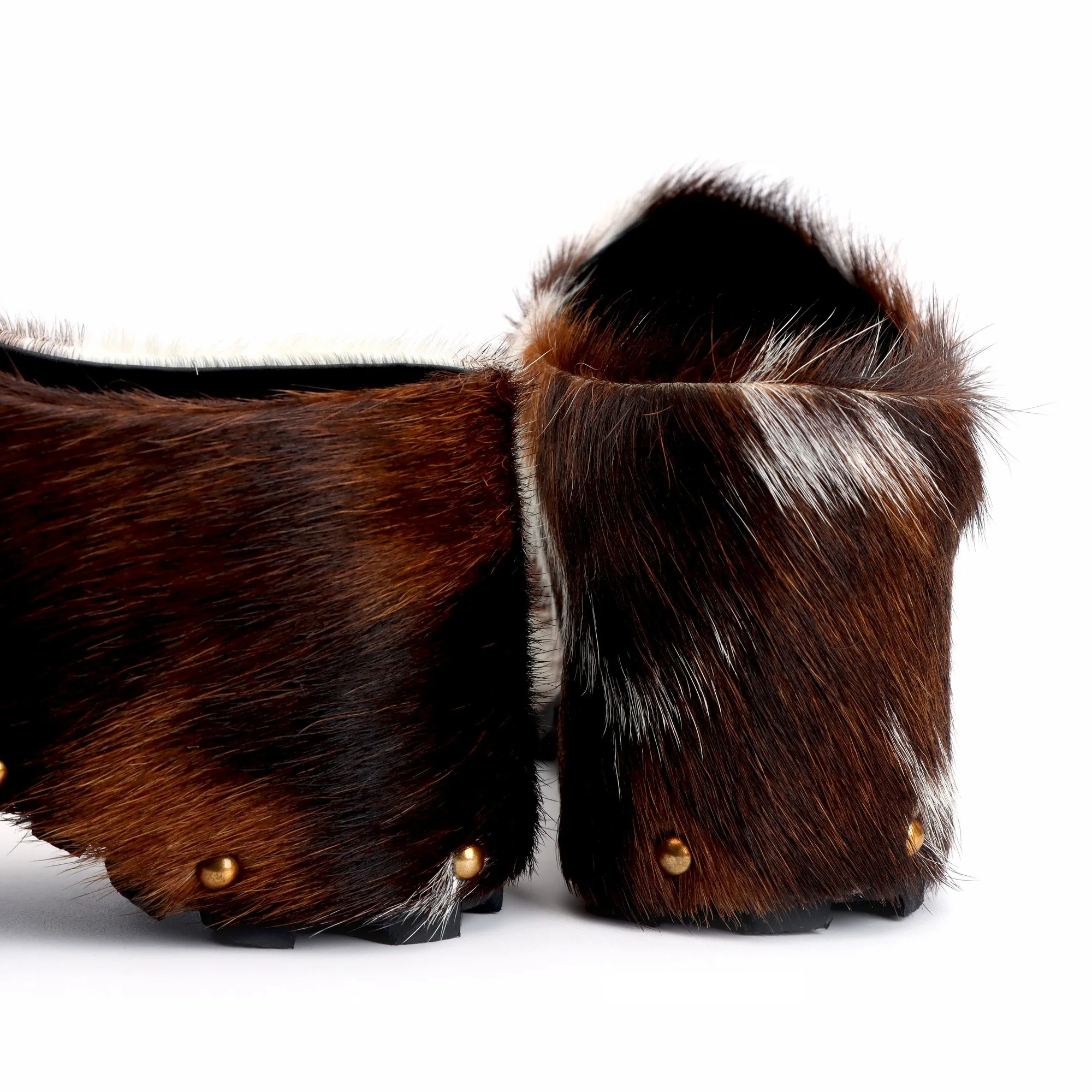 Handmade Women's Platform Fur Clogs, Arch Support Slip-On Mules with Natural Calf Hair,Studded Vintage Cowboy Style Slippers