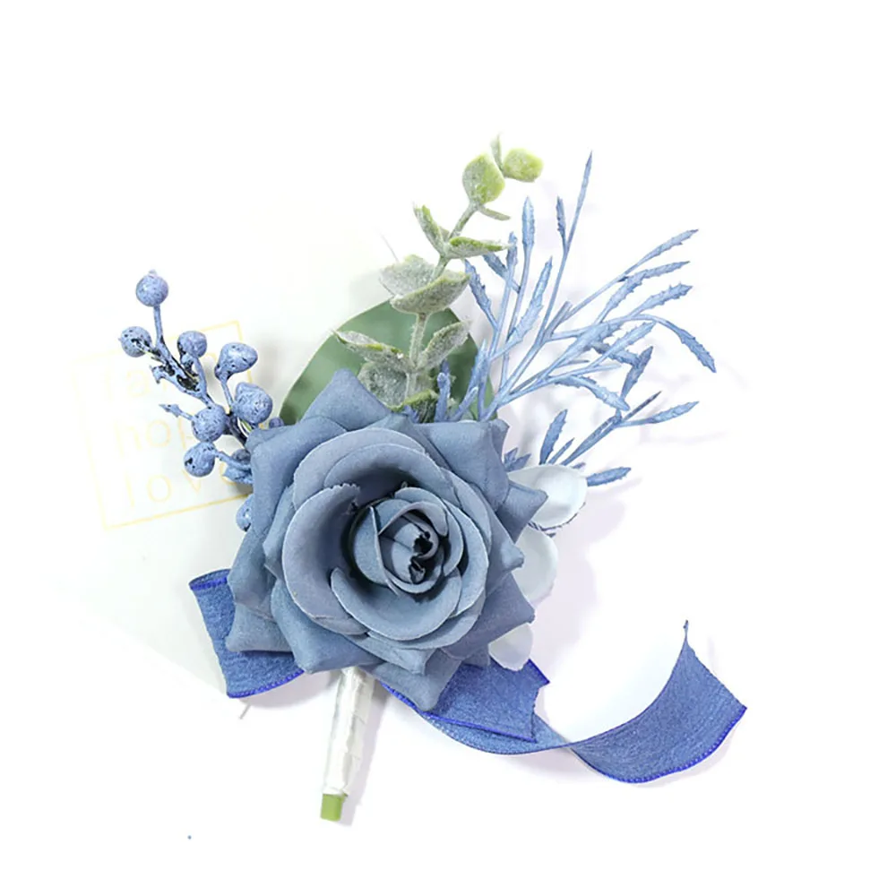 Boutonnieres azul oscuro para boda, ramillete de flores artificiales, pulsera de damas de honor, alfileres de novio, hecho a mano, akcesoria