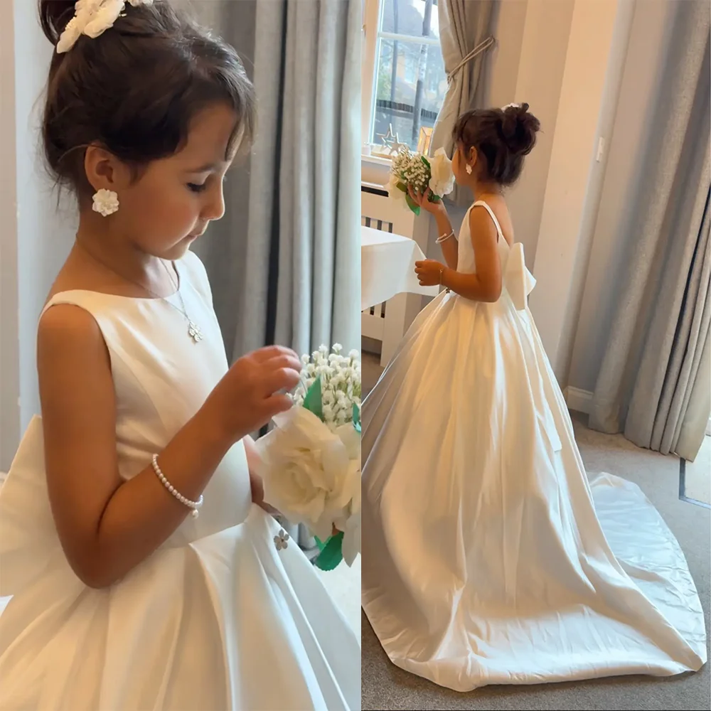 Custom White Satin Flower Girl Dress Sleeveless With Bow Trail For Children's Birthday Princess Photography Customizable